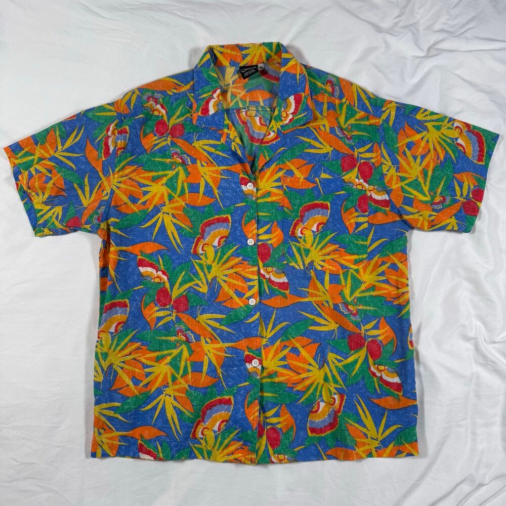 Vintage Catalina Hawaiian Shirt Bird of Paradise Tropical Floral USA Made Medium